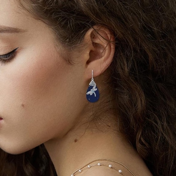 14k 925 Lapis Lazuli Celtic Dragonfly Earrings - Picture 4 of 5
